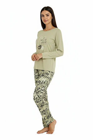 Üstü Yazılı Altı Yaprak Desenli Elite Viscose Pijama Takımı Uzun Yeşil 3559