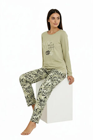 Üstü Yazılı Altı Yaprak Desenli Elite Viscose Pijama Takımı Uzun Yeşil 3559