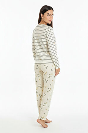 Üstü Yazılı Altı Çam Ağacı Desenli Elite Viscose Pijama Takımı Uzun Ekru 3568