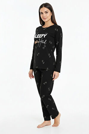 Sleepy Yazılı Elite Viscose Pijama Takımı Uzun Siyah 3552
