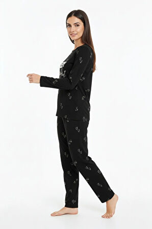 Sleepy Yazılı Elite Viscose Pijama Takımı Uzun Siyah 3552