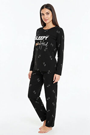 Sleepy Yazılı Elite Viscose Pijama Takımı Uzun Siyah 3552