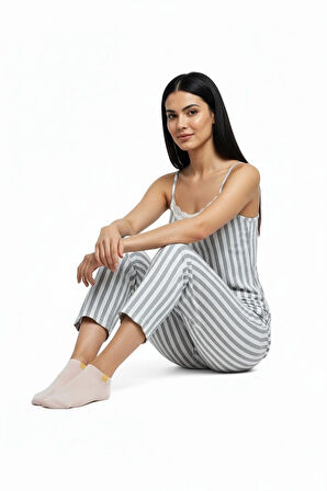Kadın Rahat Ev & Uyku Pijama Takımı Gri Çizgili Desen