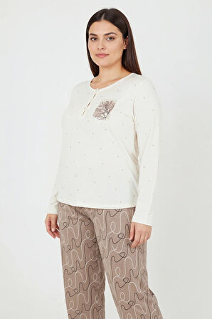 Üstü Puanlı Altı Çizgi Desenli Elite Viscose Uzun Büyük Beden Pijama Takımı Ekru 3585