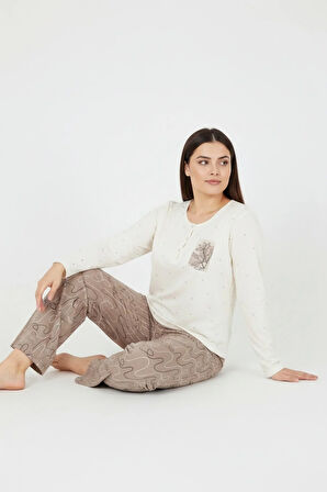 Üstü Puanlı Altı Çizgi Desenli Elite Viscose Uzun Büyük Beden Pijama Takımı Ekru 3585