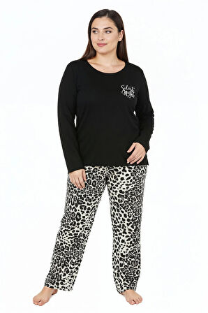Üstü Yazılı Altı Leopar Desenli Elite Viscose Uzun Büyük Beden Pijama Takımı Siyah 3588