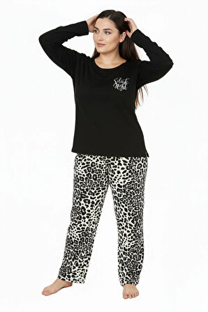 Üstü Yazılı Altı Leopar Desenli Elite Viscose Uzun Büyük Beden Pijama Takımı Siyah 3588