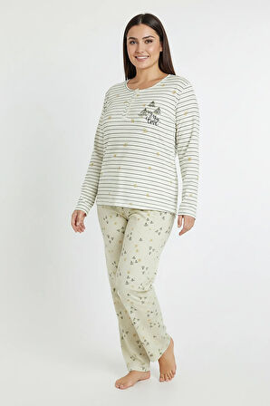 Üstü Yatay Çizgili Altı Desenli Elite Viscose Uzun Büyük Beden Pijama Takımı Beyaz 3590
