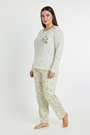 Üstü Yatay Çizgili Altı Desenli Elite Viscose Uzun Büyük Beden Pijama Takımı Beyaz 3590