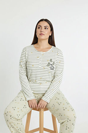 Üstü Yatay Çizgili Altı Desenli Elite Viscose Uzun Büyük Beden Pijama Takımı Beyaz 3590
