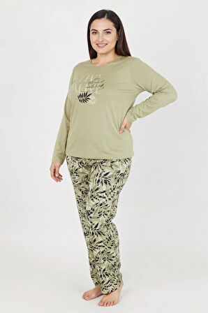 Üstü Yazılı Altı Yaprak Desenli Elite Viscose Uzun Büyük Beden Pijama Takımı Yeşil 3591