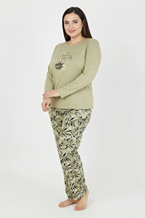 Üstü Yazılı Altı Yaprak Desenli Elite Viscose Uzun Büyük Beden Pijama Takımı Yeşil 3591