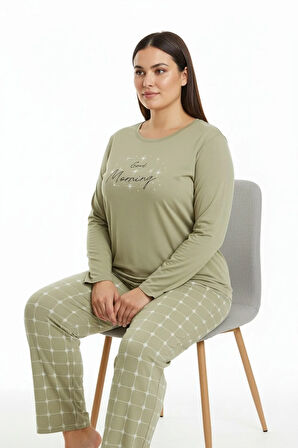 Üstü Yazılı Altı Kare Desenli Elite Viscose Uzun Büyük Beden Pijama Takımı Beyaz 3594