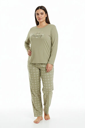 Üstü Yazılı Altı Kare Desenli Elite Viscose Uzun Büyük Beden Pijama Takımı Beyaz 3594