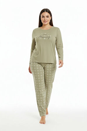 Üstü Yazılı Altı Kare Desenli Elite Viscose Uzun Büyük Beden Pijama Takımı Beyaz 3594