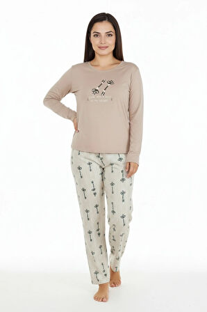 Üstü Yazılı Altı Çizgili Elite Viscose Uzun Büyük Beden Pijama Takımı Pudra 3597