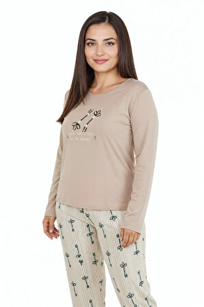 Üstü Yazılı Altı Çizgili Elite Viscose Uzun Büyük Beden Pijama Takımı Pudra 3597