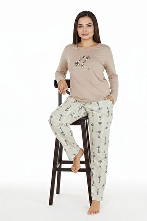 Üstü Yazılı Altı Çizgili Elite Viscose Uzun Büyük Beden Pijama Takımı Pudra 3597