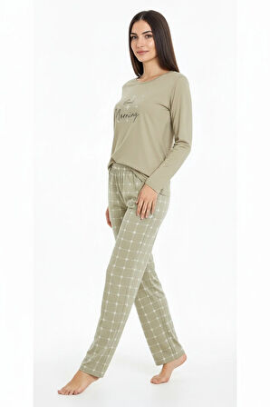 Üstü Yazılı Altı Kare Desenli Elite Viscose Uzun Pijama Takımı Yeşil 3554