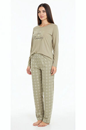 Üstü Yazılı Altı Kare Desenli Elite Viscose Uzun Pijama Takımı Yeşil 3554