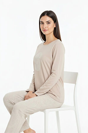 Üstü Yazılı Altı Yuvarlak Desenli Elite Viscose Uzun Pijama Takımı Krem 3560