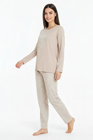 Üstü Yazılı Altı Yuvarlak Desenli Elite Viscose Uzun Pijama Takımı Krem 3560