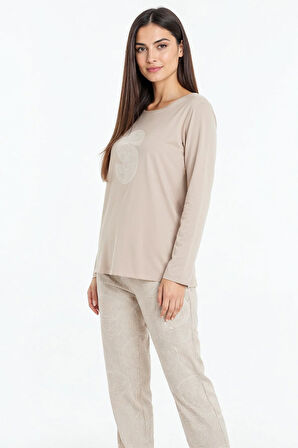 Üstü Yazılı Altı Yuvarlak Desenli Elite Viscose Uzun Pijama Takımı Krem 3560