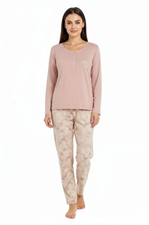 Üstü Yazılı Altı Çiçek Desenli Elite Viscose Uzun Pijama Takımı Pudra 3564