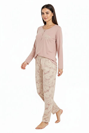 Üstü Yazılı Altı Çiçek Desenli Elite Viscose Uzun Pijama Takımı Pudra 3564