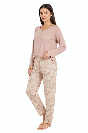 Üstü Yazılı Altı Çiçek Desenli Elite Viscose Uzun Pijama Takımı Pudra 3564