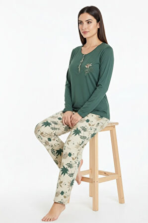 Üstü Yazılı Altı Yaprak Desenli Elite Viscose Uzun Pijama Takımı Yeşil 3565