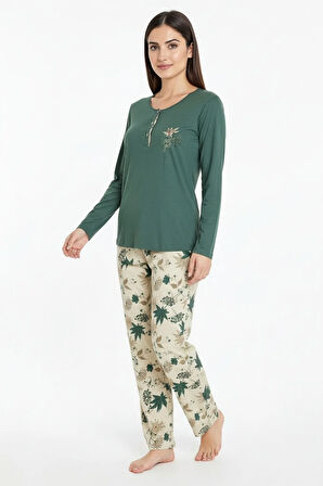 Üstü Yazılı Altı Yaprak Desenli Elite Viscose Uzun Pijama Takımı Yeşil 3565