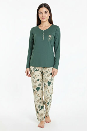 Üstü Yazılı Altı Yaprak Desenli Elite Viscose Uzun Pijama Takımı Yeşil 3565