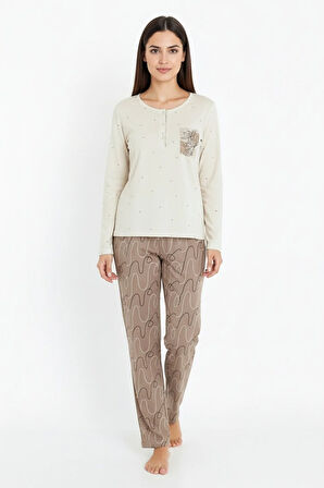 Üstü Puantiyeli Altı Çizgi Desenli Elite Viscose Uzun Pijama Takımı Krem 3569