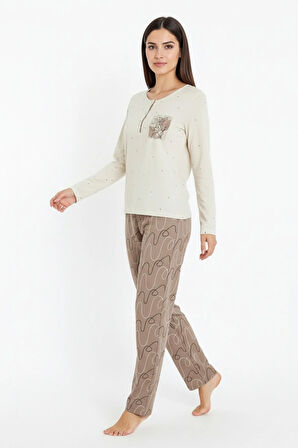 Üstü Puantiyeli Altı Çizgi Desenli Elite Viscose Uzun Pijama Takımı Krem 3569