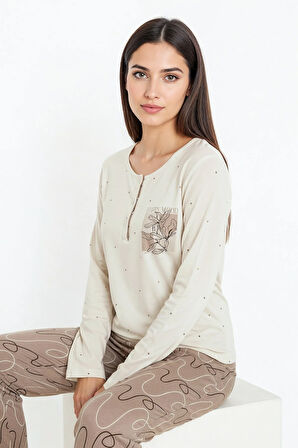 Üstü Puantiyeli Altı Çizgi Desenli Elite Viscose Uzun Pijama Takımı Krem 3569