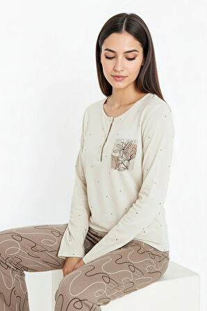 Üstü Puantiyeli Altı Çizgi Desenli Elite Viscose Uzun Pijama Takımı Krem 3569
