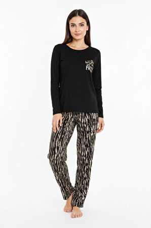 Üstü Yazılı Altı Kahverengi Zebra Desenli Elite Viscose Uzun Pijama Takımı Siyah 3553