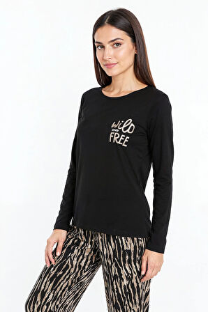 Üstü Yazılı Altı Kahverengi Zebra Desenli Elite Viscose Uzun Pijama Takımı Siyah 3553