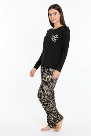 Üstü Yazılı Altı Kahverengi Zebra Desenli Elite Viscose Uzun Pijama Takımı Siyah 3553