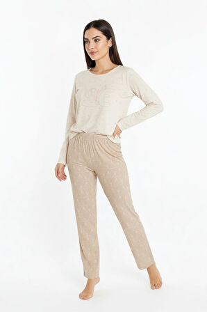 Üstü Love Yazılı Altı Desenli Elite Viscose Uzun Pijama Takımı Krem 3562