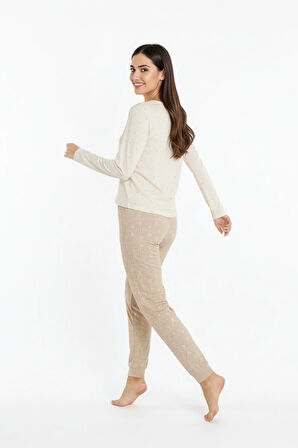 Üstü Love Yazılı Altı Desenli Elite Viscose Uzun Pijama Takımı Krem 3562