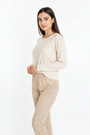 Üstü Love Yazılı Altı Desenli Elite Viscose Uzun Pijama Takımı Krem 3562