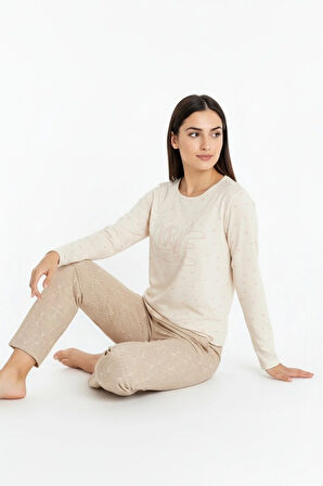 Üstü Love Yazılı Altı Desenli Elite Viscose Uzun Pijama Takımı Krem 3562