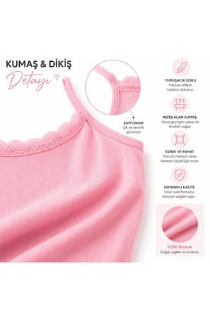 Kız Çocuk Jakarlı İnce Askılı Atlet 6’lı Paket %100 Pamuk Dantelli Yumuşak Rahat 3-12 Yaş