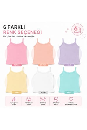 Kız Çocuk Jakarlı İnce Askılı Atlet 6’lı Paket %100 Pamuk Dantelli Yumuşak Rahat 3-12 Yaş