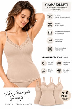 Kadın 3’lü Asorti Ribana Atlet Dantel Detaylı V Yaka İnce Askılı %95 Pamuk %5 Elastan Esnek İç Giyim
