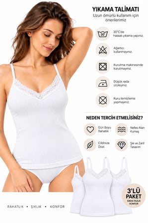 Kadın 3’lü Asorti Ribana Atlet Dantel Detaylı V Yaka İnce Askılı %95 Pamuk %5 Elastan Esnek İç Giyim