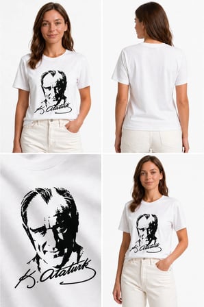Atatürk Baskılı Beyaz Tişört Unisex %100 Pamuk Rahat Kalıp Günlük T-Shirt