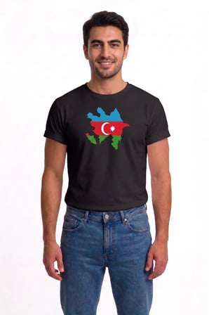 Azerbaycan Bayrak Baskılı Unisex Tişört Pamuklu Bisiklet Yaka
